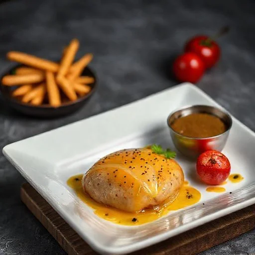 Geometric arrangement of gourmet vegetables with futuristic garnishes.