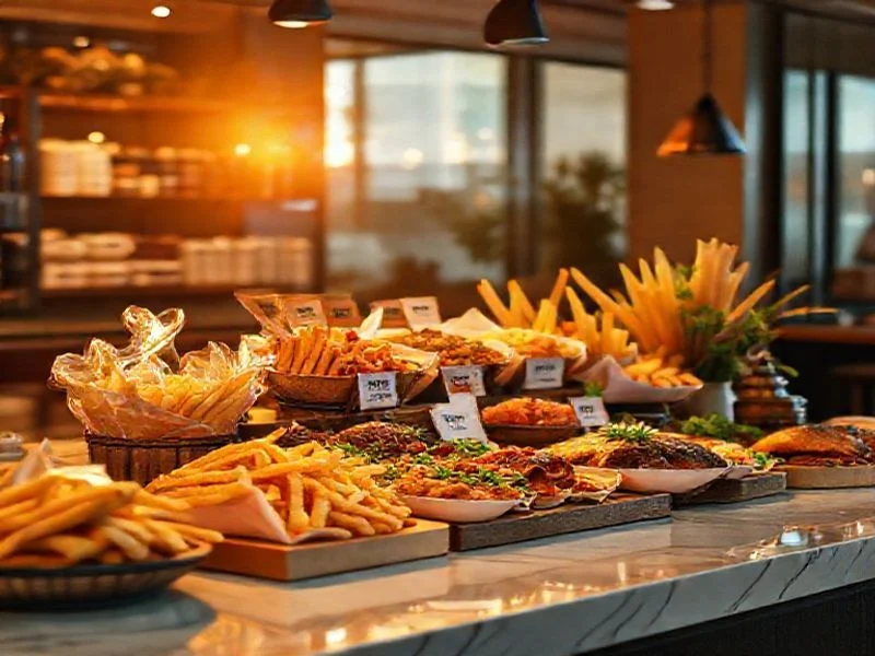 Deconstructed gourmet mushroom dish, earthy tones with geometric elements.